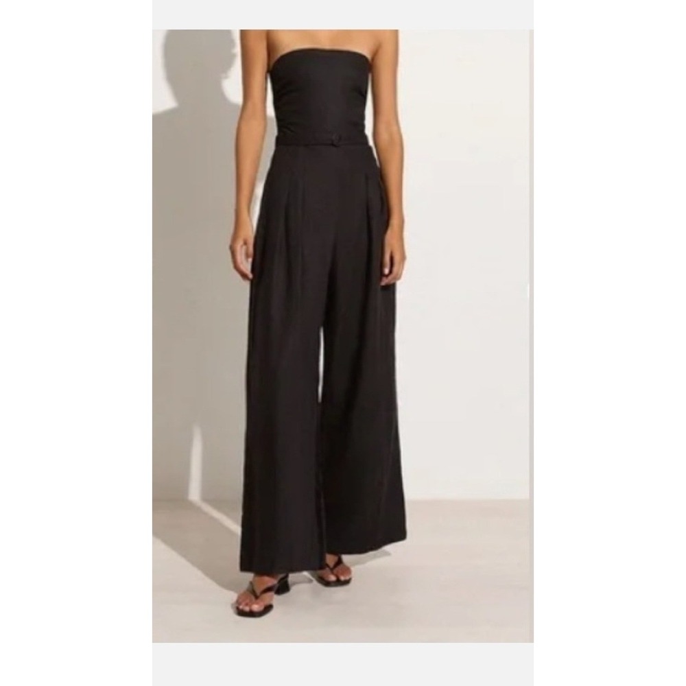 Anthro Faithfull The Brand Black Linen Strapless Wide Leg Jumpsuit Smocked XS 2